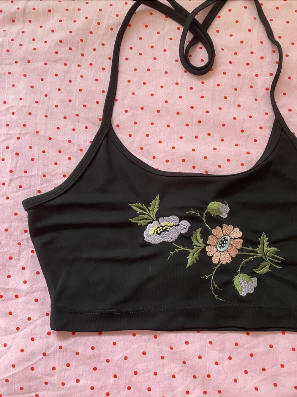 Le Château Black Floral Embroidered Halter Mesh Crop Top M/L